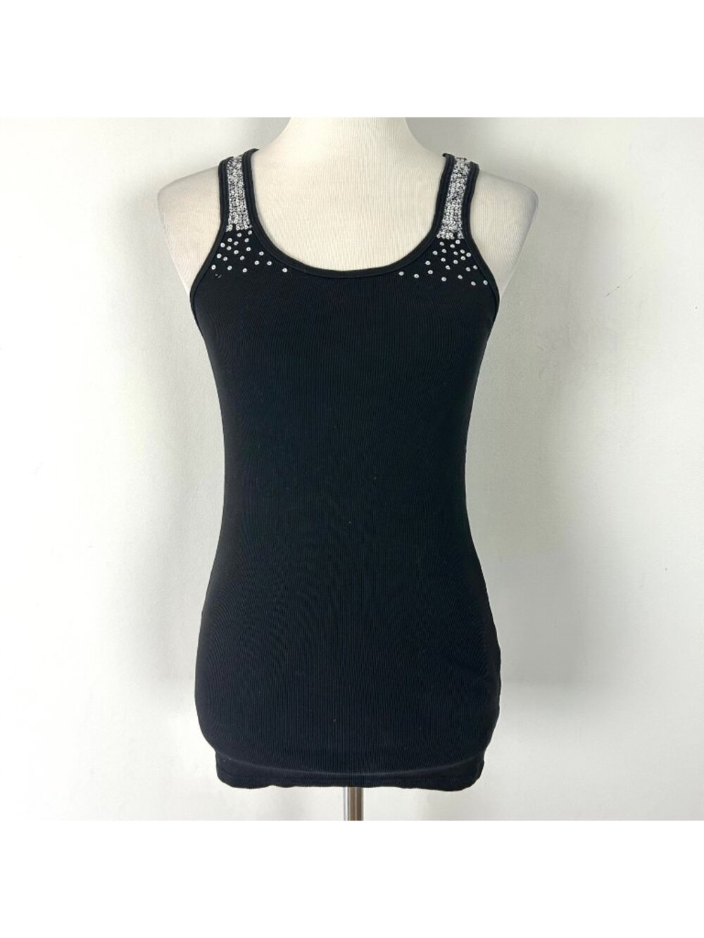 Y2K Old Navy Black Ribbed Long Tank Top Sequin Detail Boho Size Large Women's
